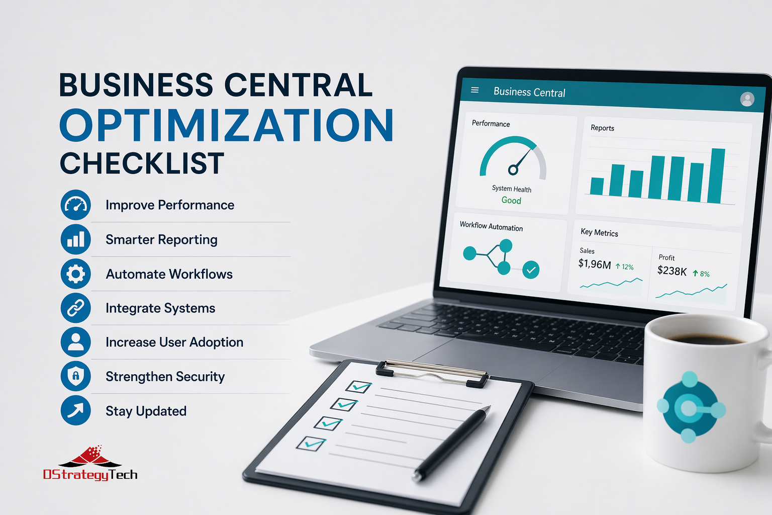 Business Central optimization checklist showing performance improvements, reporting dashboards, and automation workflows for SMBs