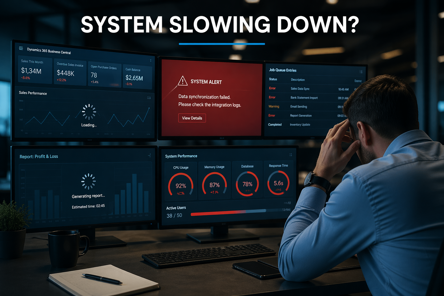 Business Central system performance issues with slow reports, integration errors, and system alerts on dashboards