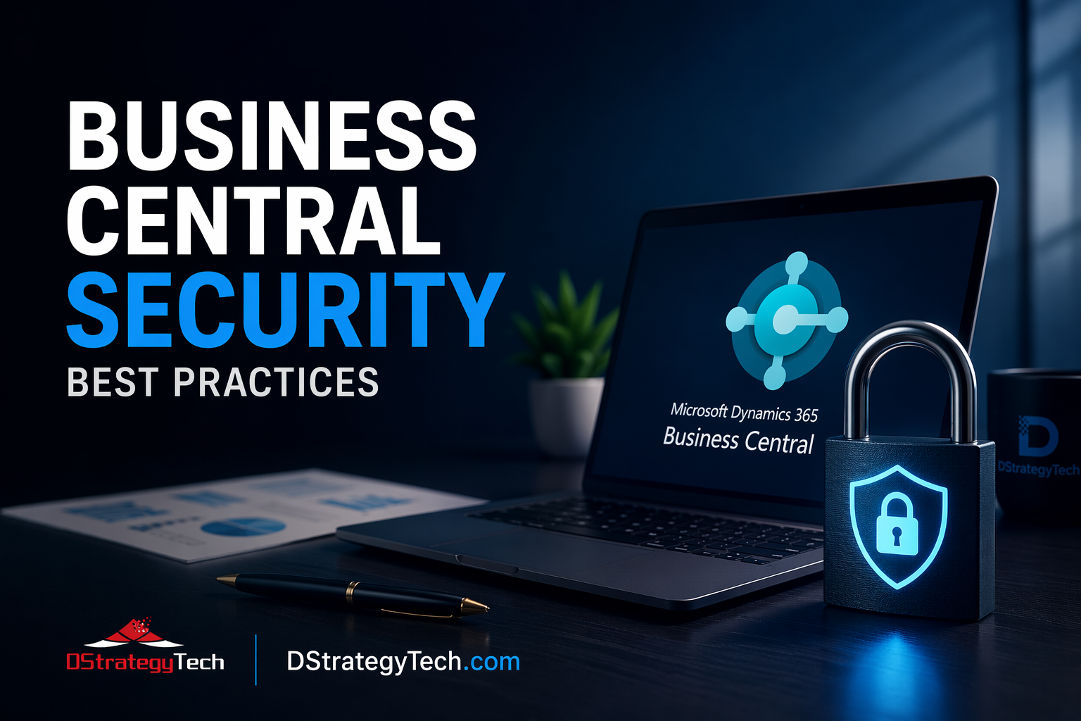 Business Central security best practices guide showing digital lock icon with ERP dashboard interface and security shields on dark blue background