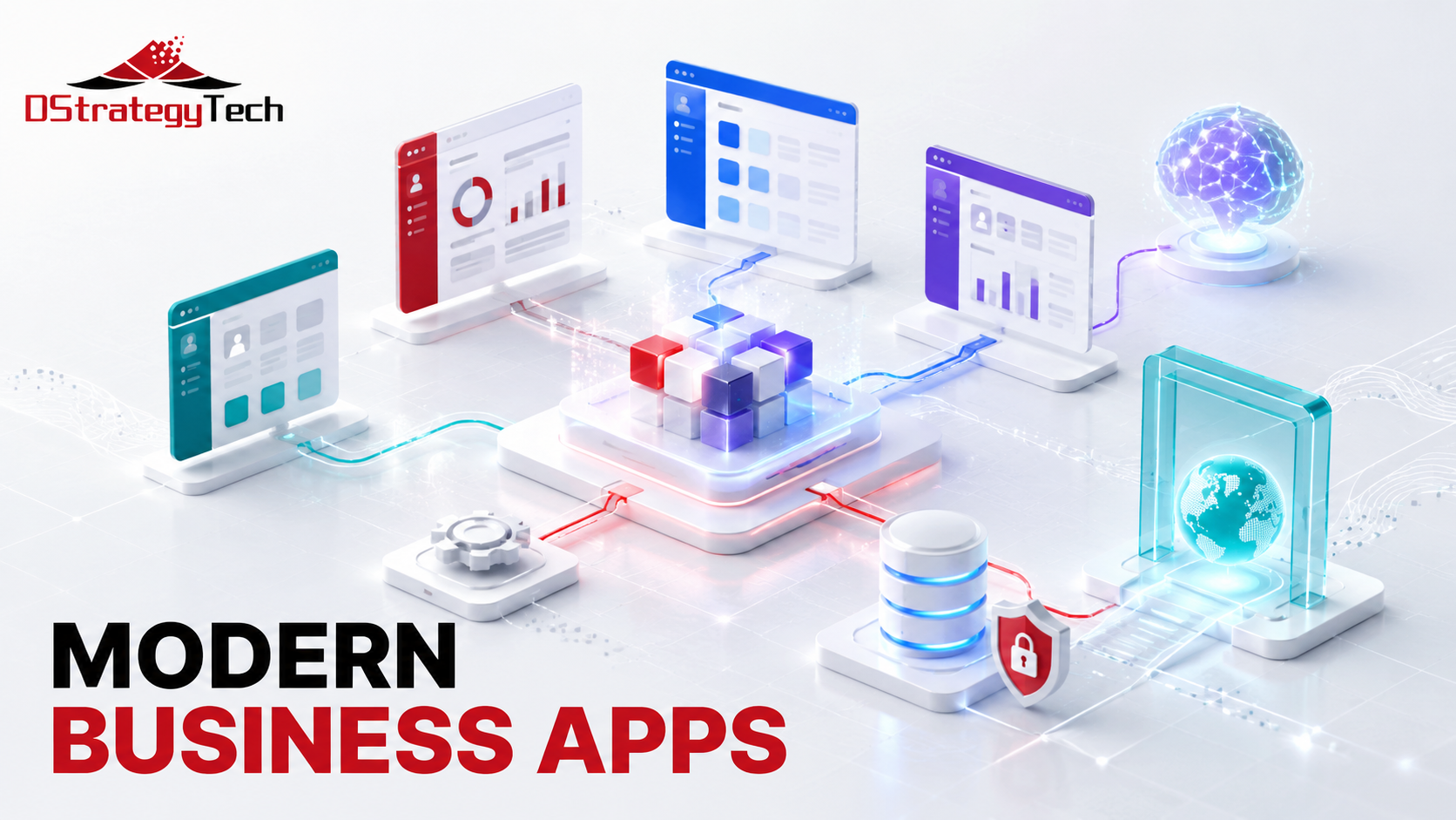 Modern business apps connected through data, automation, security, portals, and AI